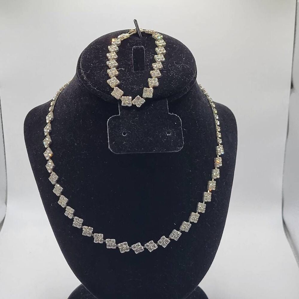 Vintage 50s Hollywood Glam Demi Parure Pave Set Crystal Bracelet and Necklace in